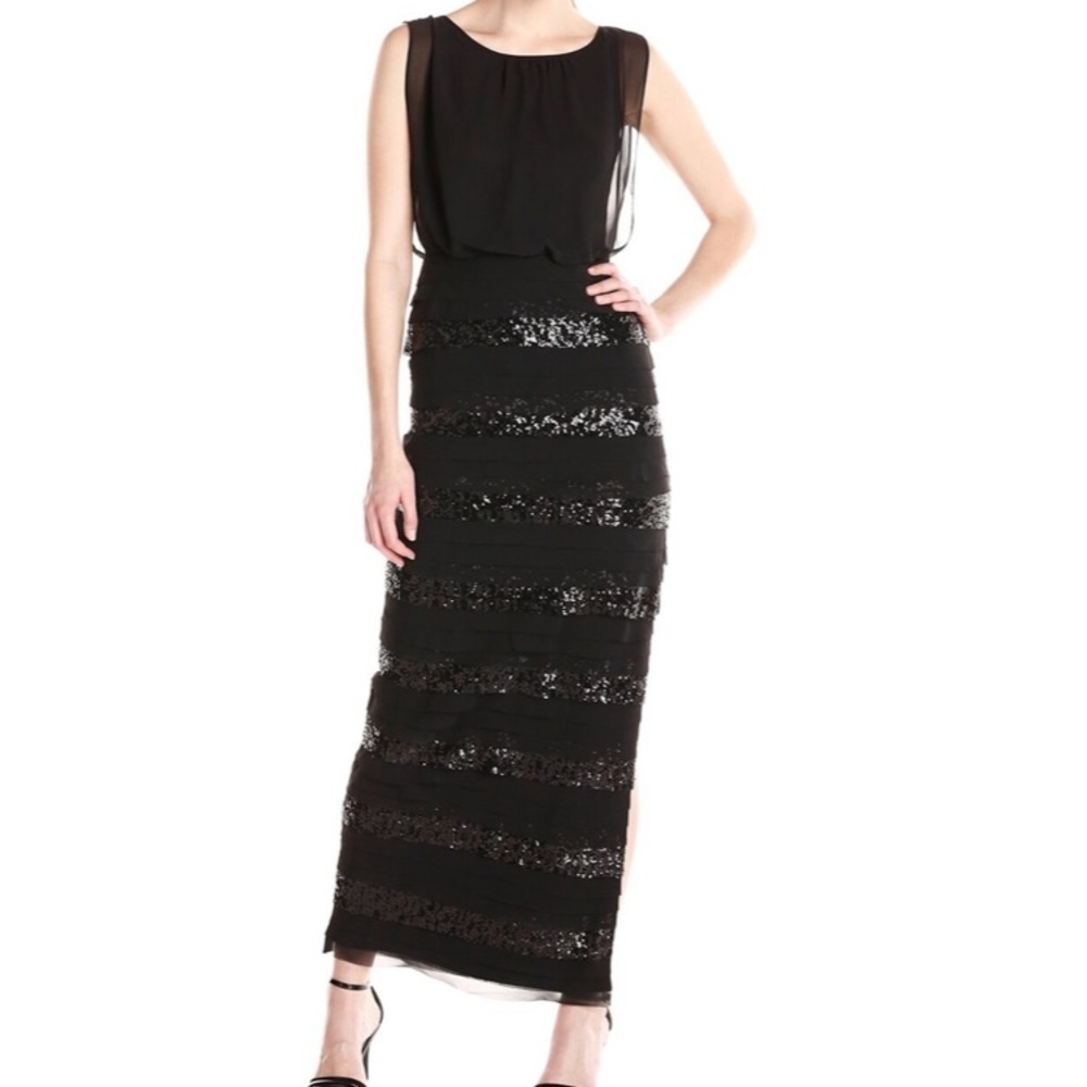Aidan Mattox Sleeveless Blouson Sequin Chiffon Stripe Gown with Side Slit Sz 6